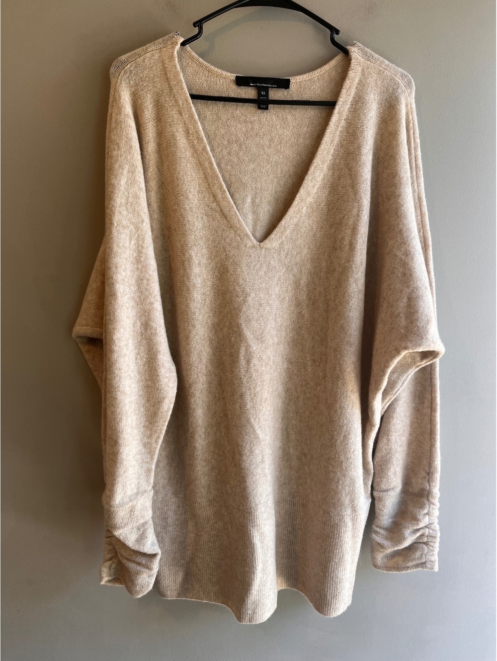 White House Black Market Beige V-Neck Dolman Sweater Tunic Ruched Cuff XL